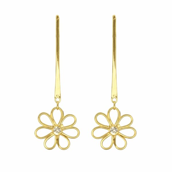 Brinco Flor Base Escovada Palito Strass Banhado a Ouro 18K