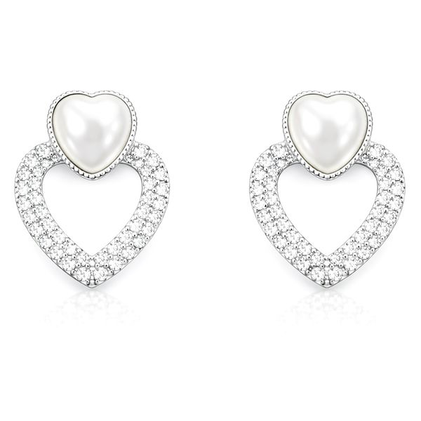 Brinco Coração Pérola Vazado Cravejado Tarraxa Hipoalergênico Banhado a Prata 925