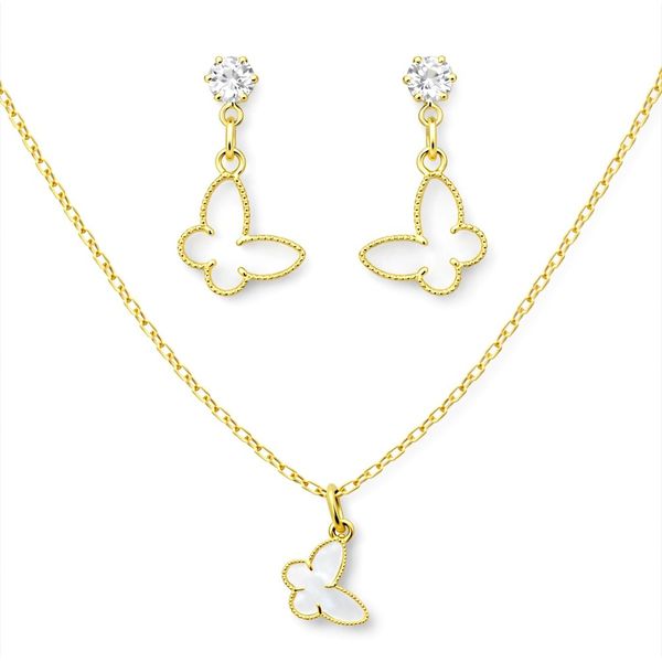 Conjunto Borboleta Branco Banhado a Ouro 18K