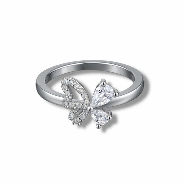 Anel Borboleta Cravejado Cristal Banhado a Prata 925