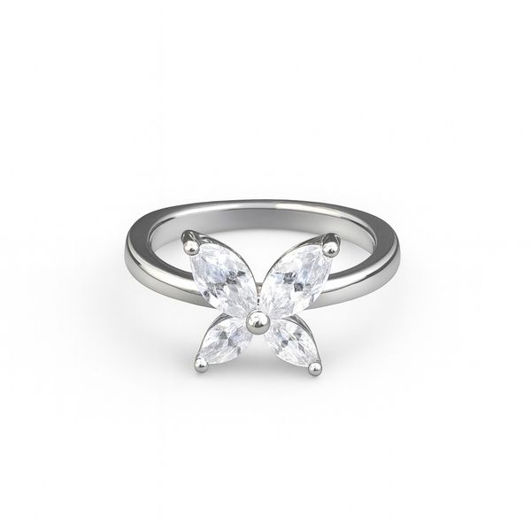 Anel Borboleta Cristal 4 Pedras Zircônia Banhado a Prata 925