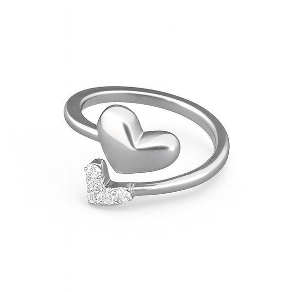 Anel Coração Duplo Regulável Cristal Cravejado Banhado a Prata 925