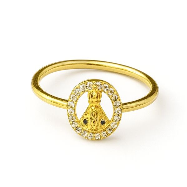 Anel Nossa Senhora Azul Cravejada Banhado a Ouro 18k
