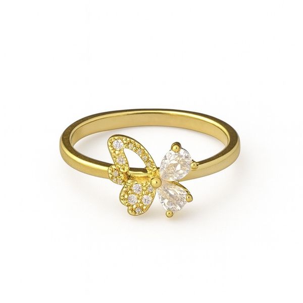 Anel Borboleta Vazado Cravejado Cristal Banhado a Ouro 18K