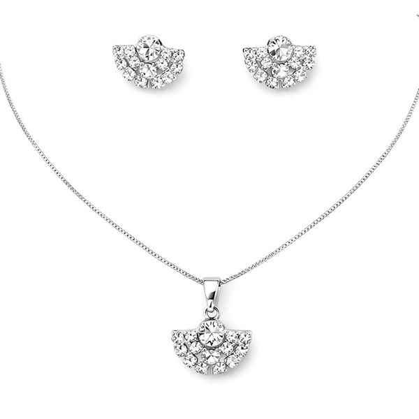 Conjunto Leque Strass Banhado a Prata 925