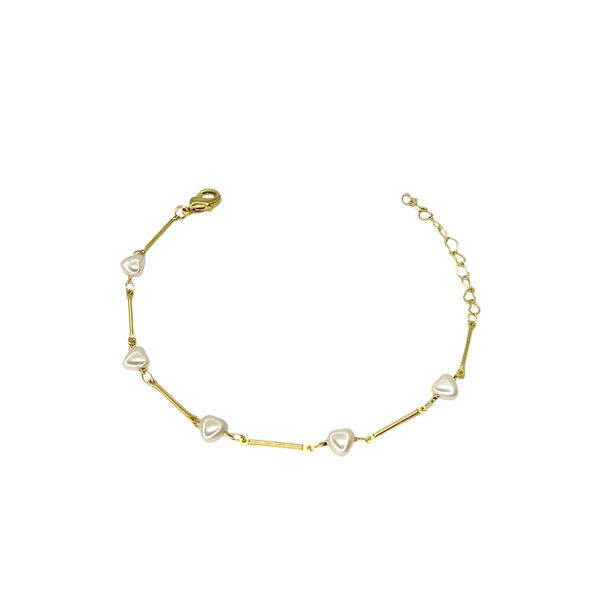 Pulseira Três Corações Pérola Palito Banhado A Ouro 18K
