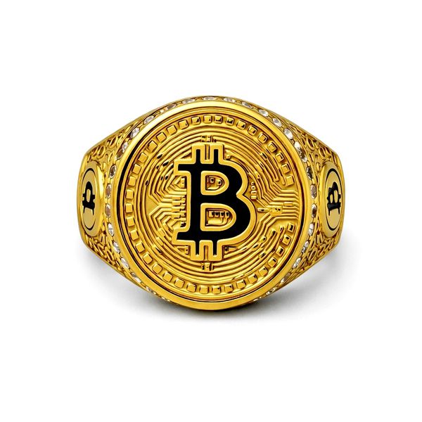 Dedeira Bitcoin Preta Rredonda Cravejada Aço Dourado