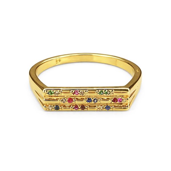 ANEL 3 Lines Colorido Cravejado Banhado a Ouro 18K