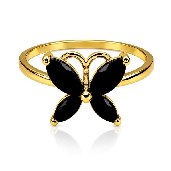 Anel Borboleta Preta 4 Pedras Zircônia Banhado a Ouro 18K