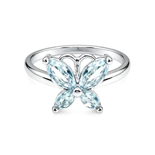 Anel Borboleta Azul Quatro Pedras Zircônia Banhado a Prata 925