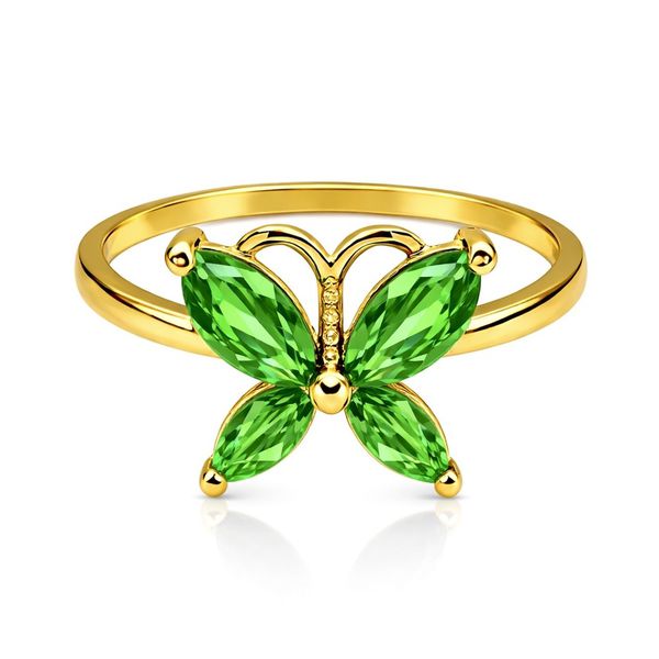 Anel Borboleta Verde Quatro Pedras Zircônia Banhado a Ouro 18K