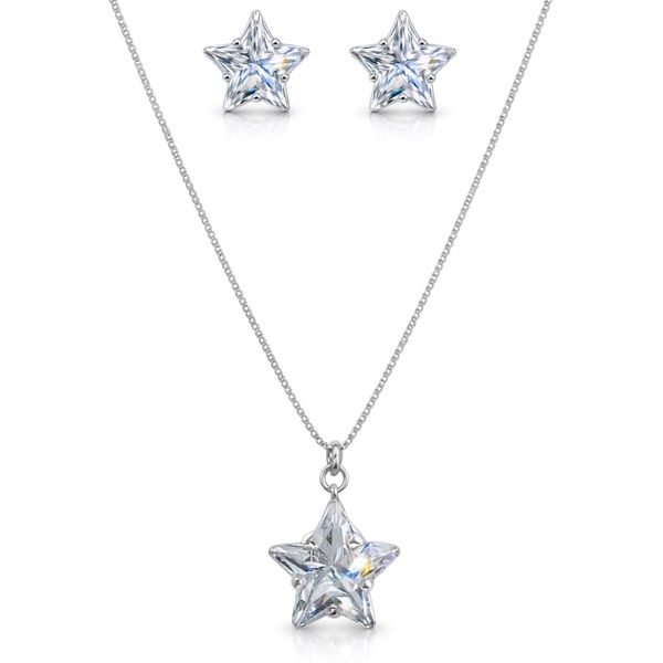 Conjunto Estrela Zircônia Banhado a Prata 925