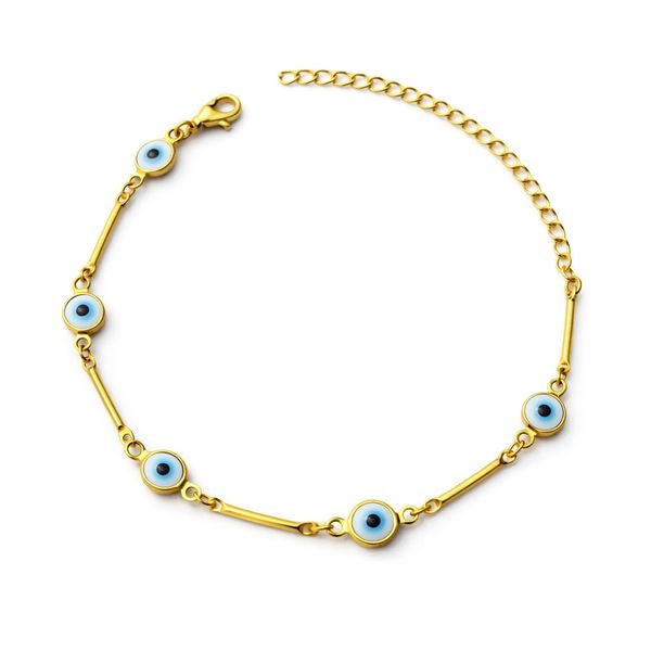 Pulseira Olho Grego Redondo Azul Claro Palito Banhado a Ouro 18K