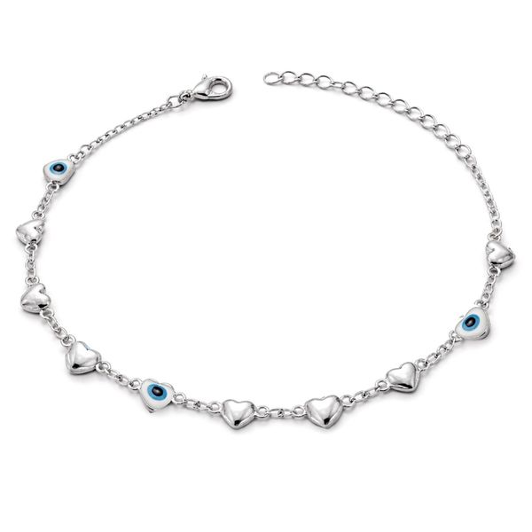 Pulseira Olho Grego Coração Liso Branco Azul Claro Banhado A Prata 925