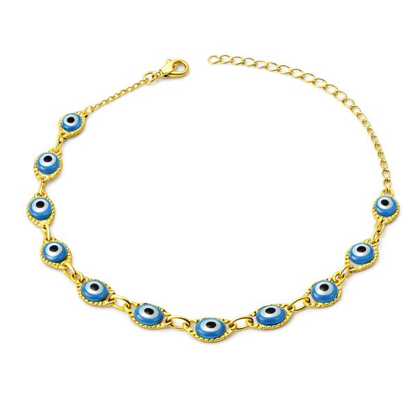Pulseira Olho Grego Chinês Grande Azul claro Banhado a Ouro 18K
