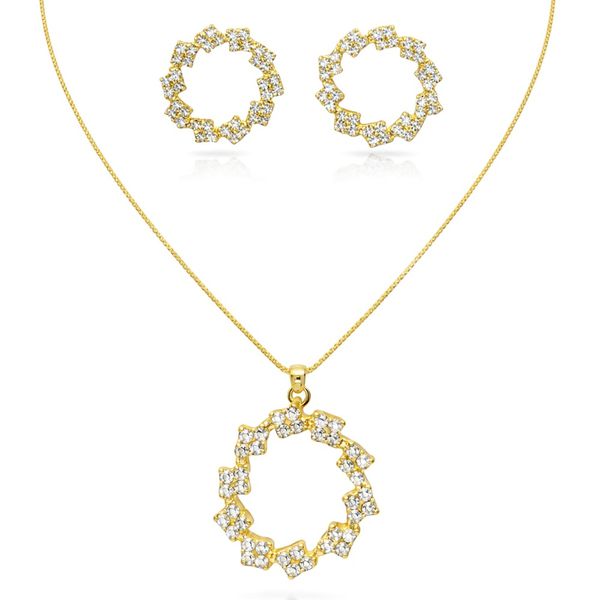 Connjunto Coroa Flor Strass Banhado a ouro 18K