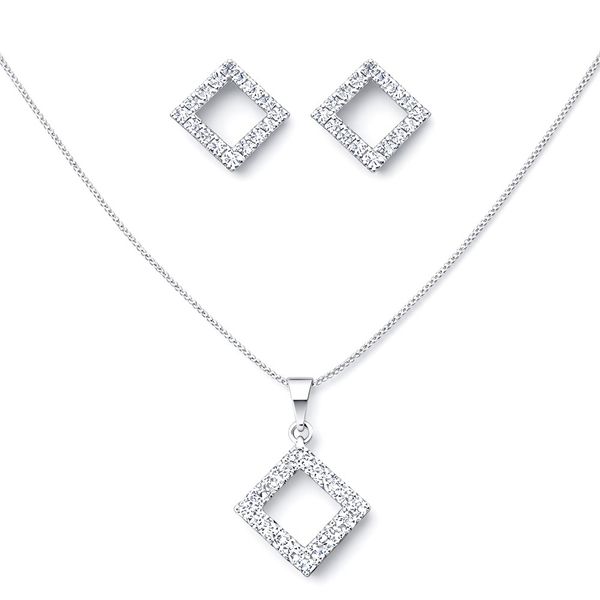 Conjunto Losango Vazado Strass Banhado a Prata 925