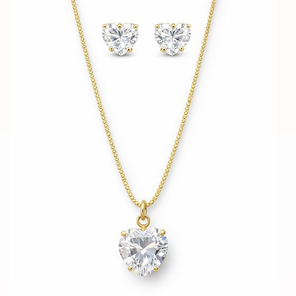 Conjunto Coração Zircônia Banhado a Ouro 18K