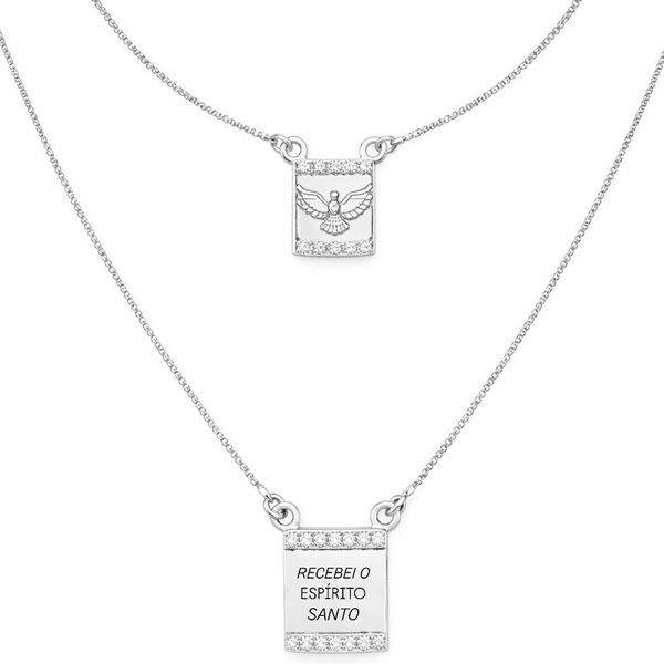 Colar Escapulário Espírito Santo Cravejado Banhado a Prata 925