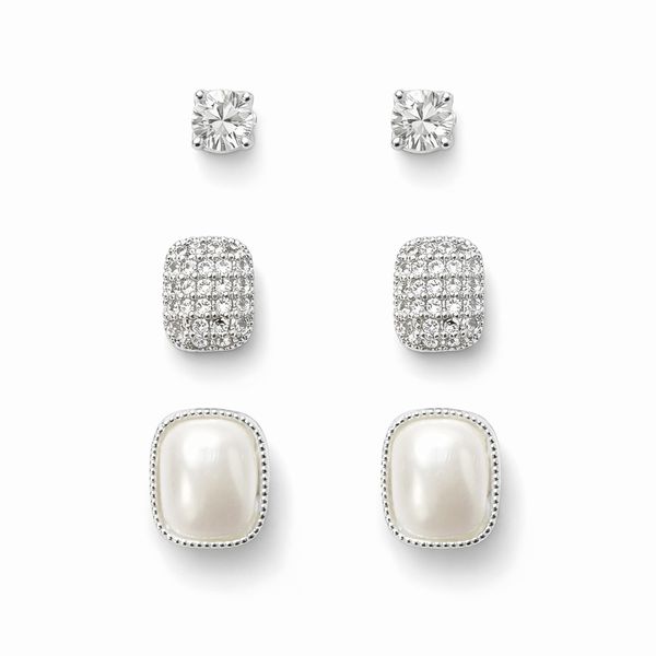 Brinco Trio Pérola Cravejado Luz Banhado a Prata 925