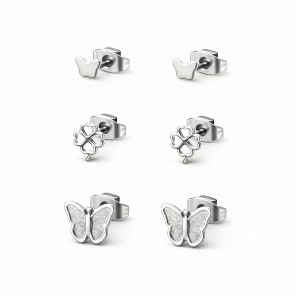 Brinco Trio Borboleta Trevo Aço Inoxidável