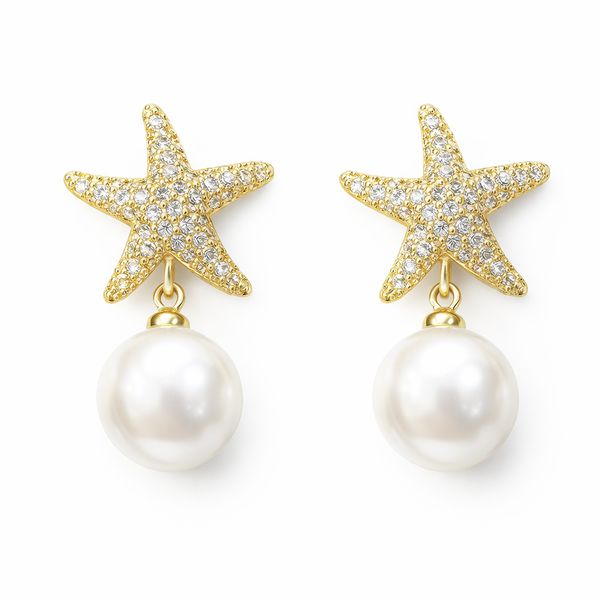 Brinco Estrela do Mar Pérola Cravejado Hipoalergênico Banhado a Ouro 18K