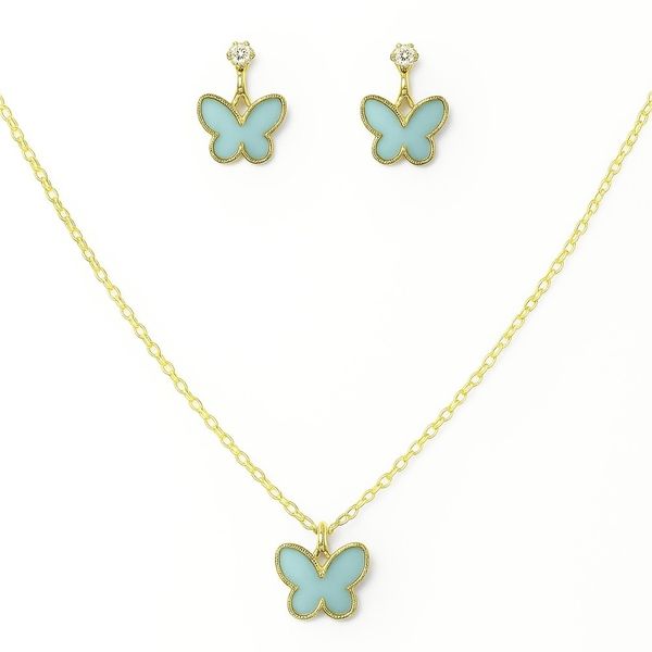 Conjunto Infantil Borboleta Verde Água Banhado A Ouro 18K