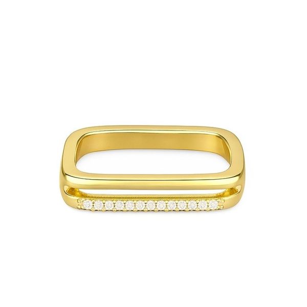 Anel Quadrado 2 Linhas Cristal Cravejado Banhado a Ouro 18K