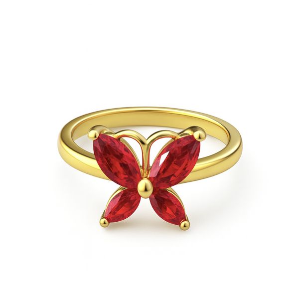 Anel Borboleta Vermelha 4 Pedras Zircônia Banhado a Ouro 18K