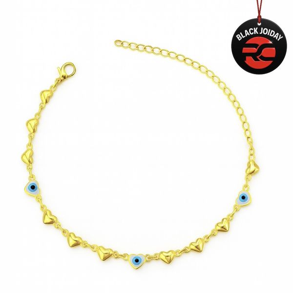 Pulseira Olho Grego Liso Branco Azul Claro Banhado a Ouro 18K 
