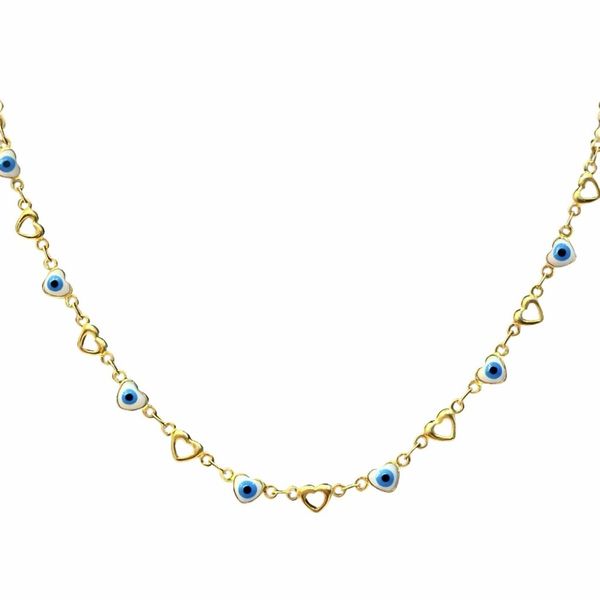 Colar Olho Grego Vazado Branco Azul Claro Banhado A Ouro 18K