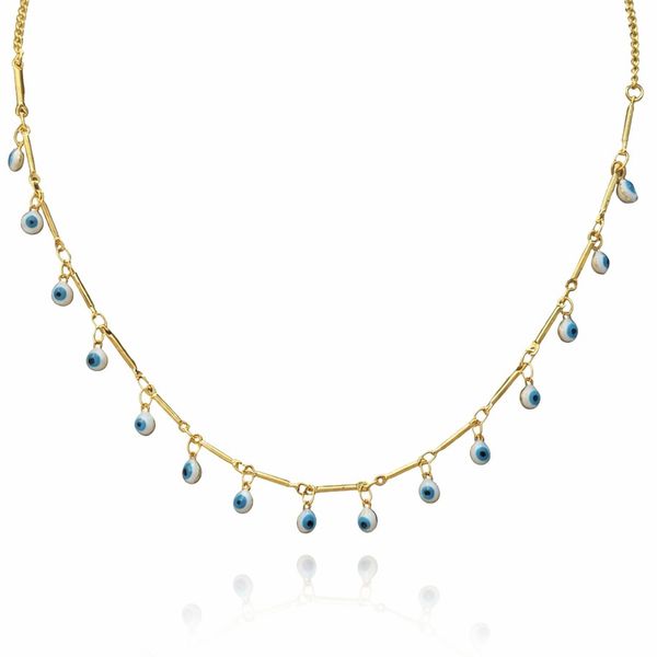 Colar Olho Grego Branco Azul Claro Pendurado Banhado a Ouro 18K