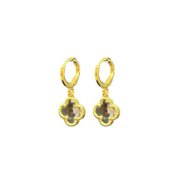 Brinco Trevo 3D Cristal Tranqueta Banhado a Ouro 18K