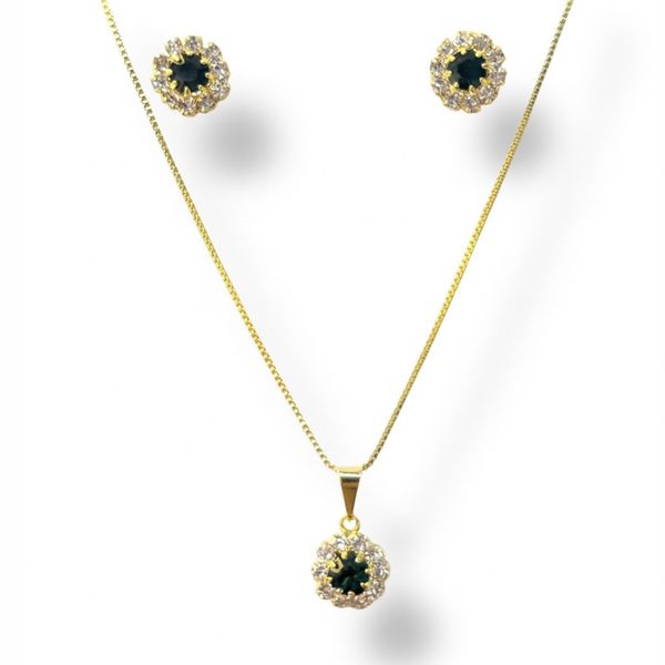 Conjunto Flor Verde Escuro Strass Banhado A Ouro 18K