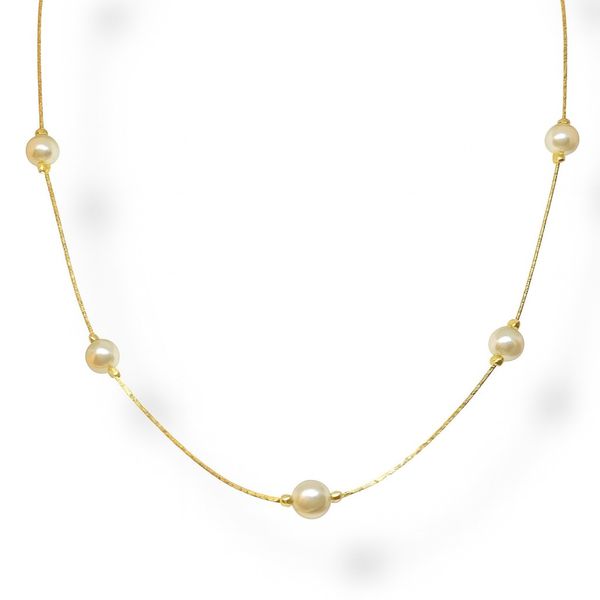 Colar Malha L90 Pérola Espaçada Banhado A Ouro 18K