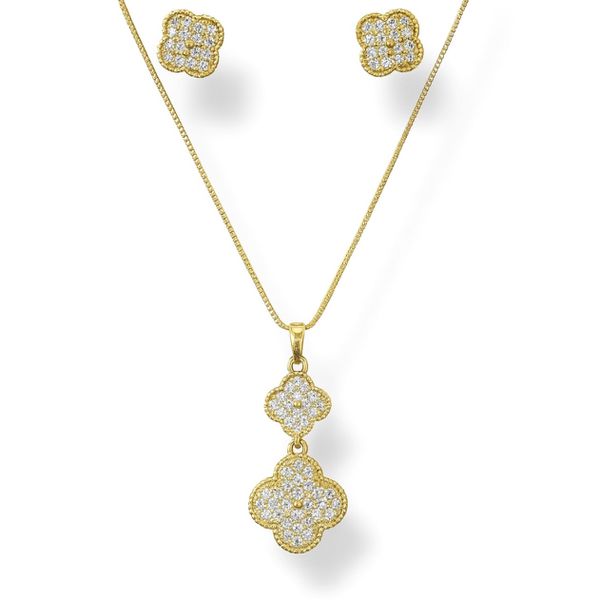 Conjunto Trevo Alhambra Cravejado Banhado A Ouro 18K