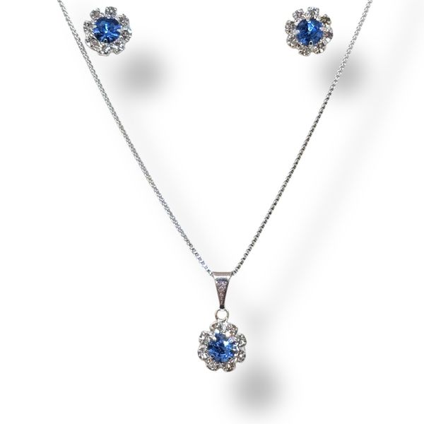 Conjunto Flor Azul Royal Strass Banhado A Prata 925