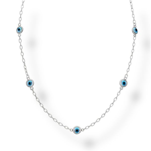 Colar longo Olho Grego Branco Azul Claro Banhado A Prata 925