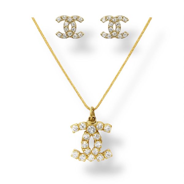 Conjunto Chanel Strass Veneziana Banhado A Ouro 18K