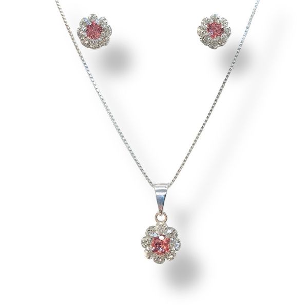 Conjunto Flor Rosa Strass Banhado A Prata 925