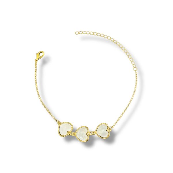 Pulseira Três Corações Resina Branca Banhado A Ouro 18K
