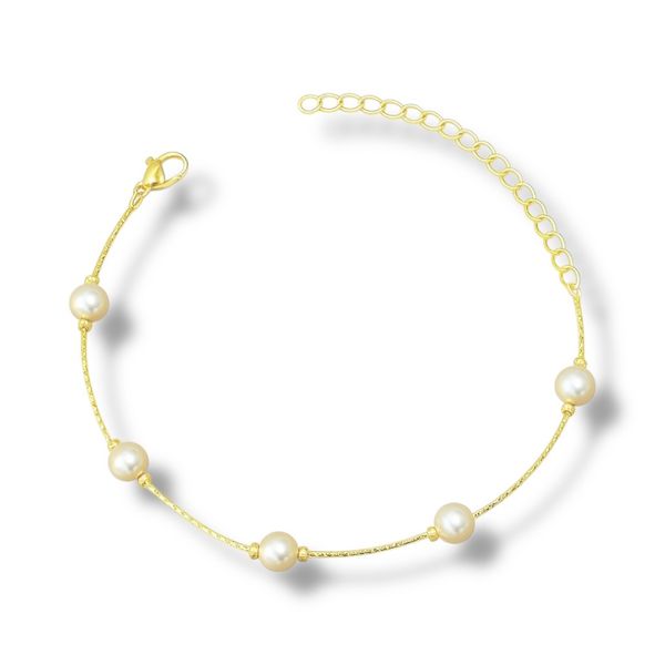 Pulseira Malha L90 Pérola Espaçada Banhado A Ouro 18K