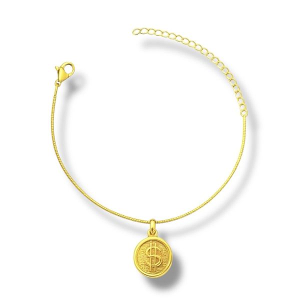 Pulseira Veneziana Cifrão Pendurado Banhado A Ouro 18k