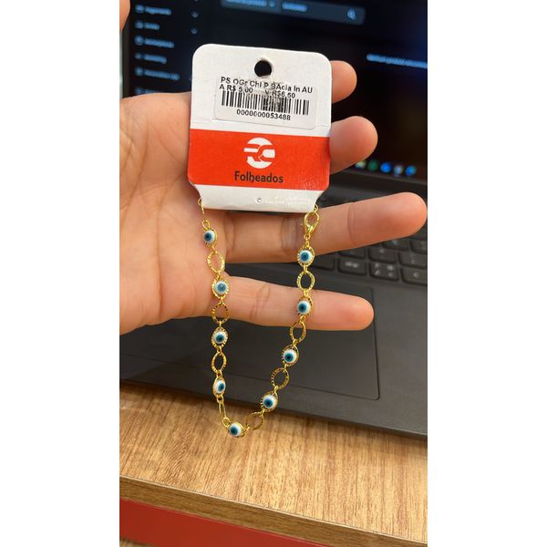 Pulseira Olho Grego Chinês Pequeno Branco Azul Claro Interno Banhado a Ouro 18K