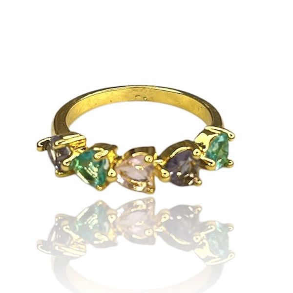 Anel Cinco Corações Colorido Zircônia Banhado A Ouro 18k