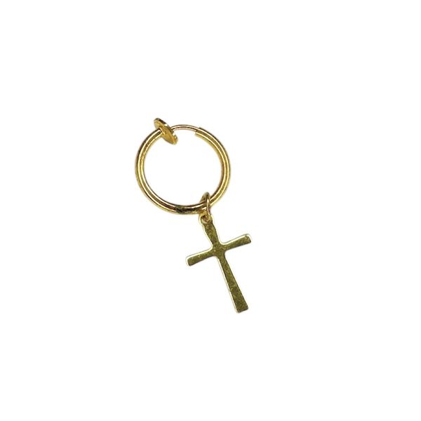 Brinco Único Cruz Fina Pendura Aço Dourado 
