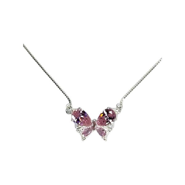 Colar Borboleta Rosa Zircônia Banhado A Prata 925