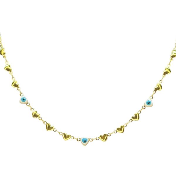 Colar Olho Grego Coração Liso Branco Azul Claro Banhado A Ouro 18K
