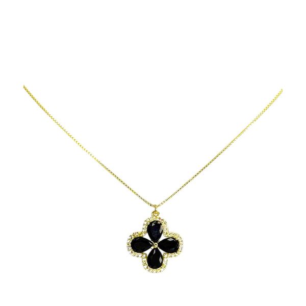 Colar Trevo Preto Cravejado Banhado A Ouro 18K