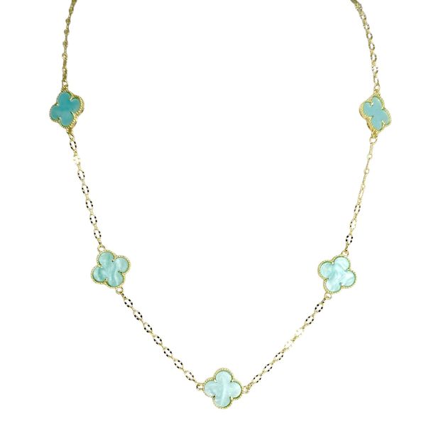 Colar Cinco Trevo Azul Água Banhado A Ouro 18k